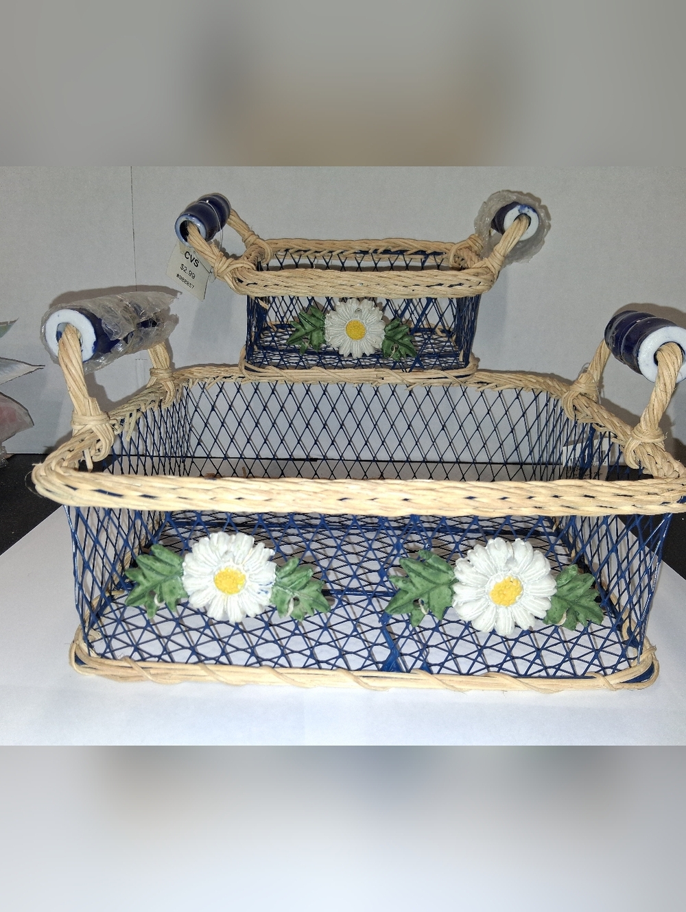 Decorative Blue Daisy Wire Basket Set with Natural Wicker Handles